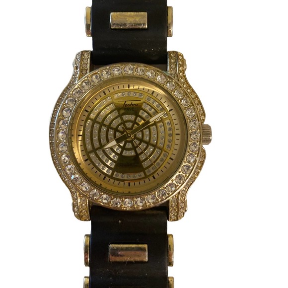 Techno Pave Men’s Gold Watch Rhinestone Black Silicone Watch - Picture 2 of 7